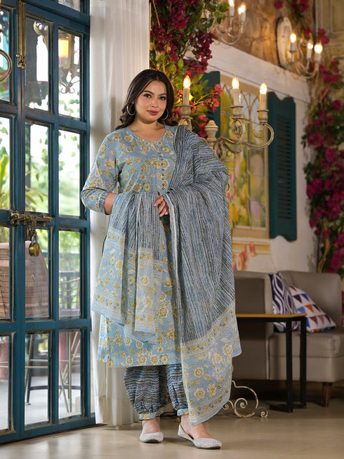Women Plus Size Blue Pure Cotton Kurta Set With Dupatta